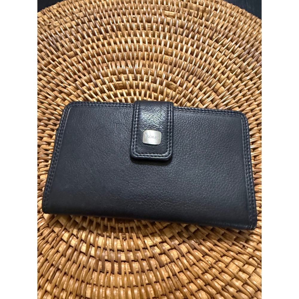 Rolfs Black Genuine Leather Checkbook Clutch Wallet Zip Pocket Snap Closure